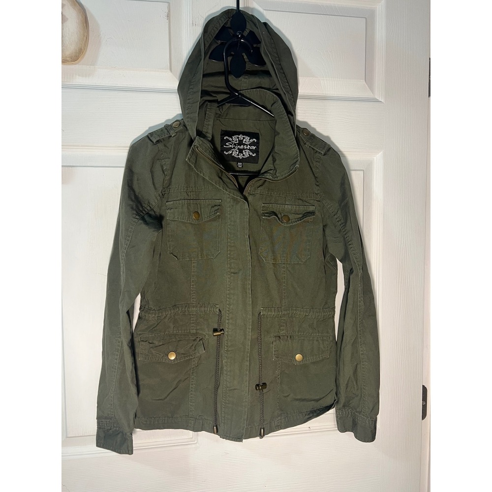 Shinestar Womens Olive Green Utility Jacket Hooded Drawstring HJ8153S Small